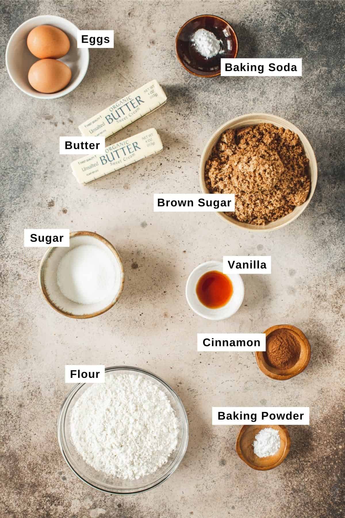 Cinnamon squares ingredients in different bowls.