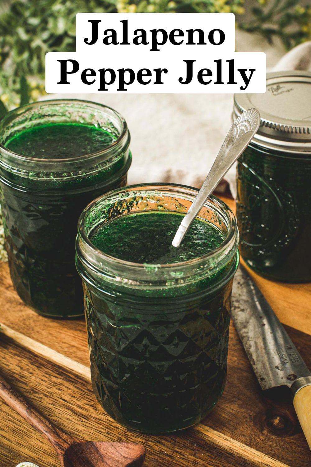 Jalapeno pepper jelly in half-pint jars.