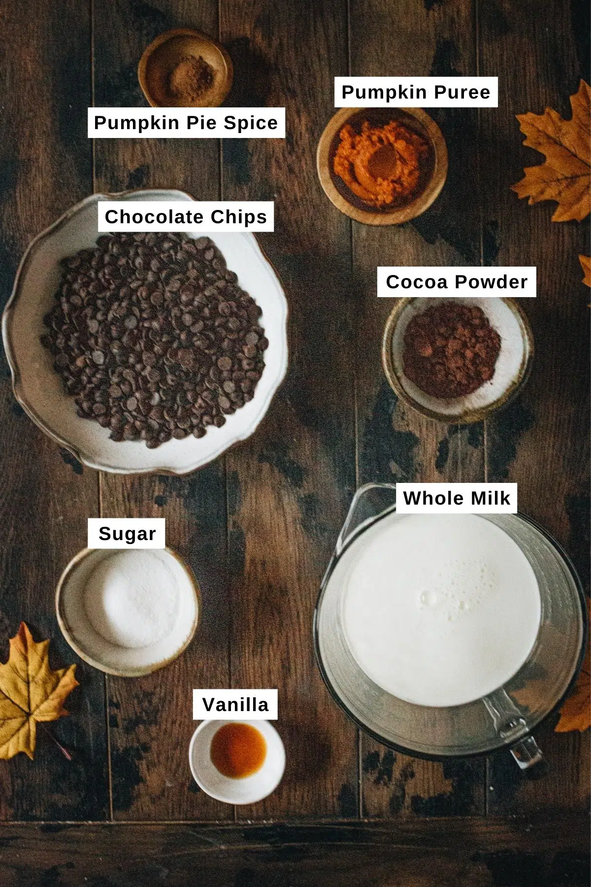 Pumpkin hot chocolate ingredients in different sized bowls.