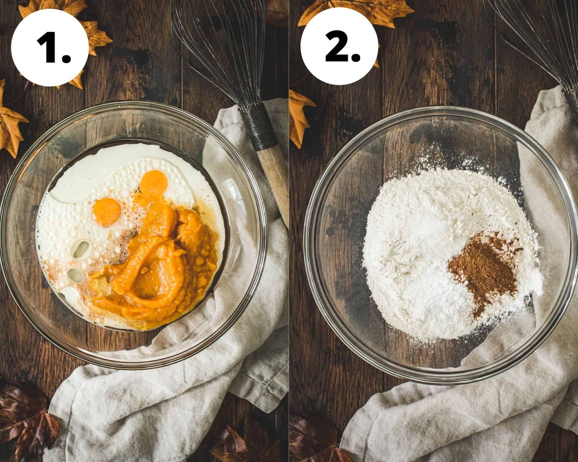 Pumpkin spice waffles recipe process steps 1 and 2.