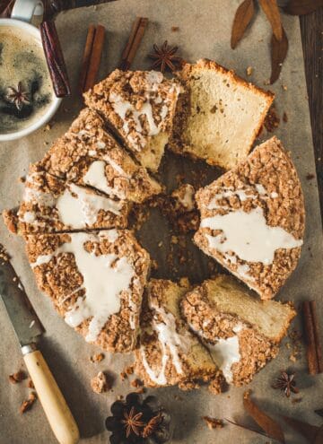 Apple coffee cake with vanilla glaze on top.