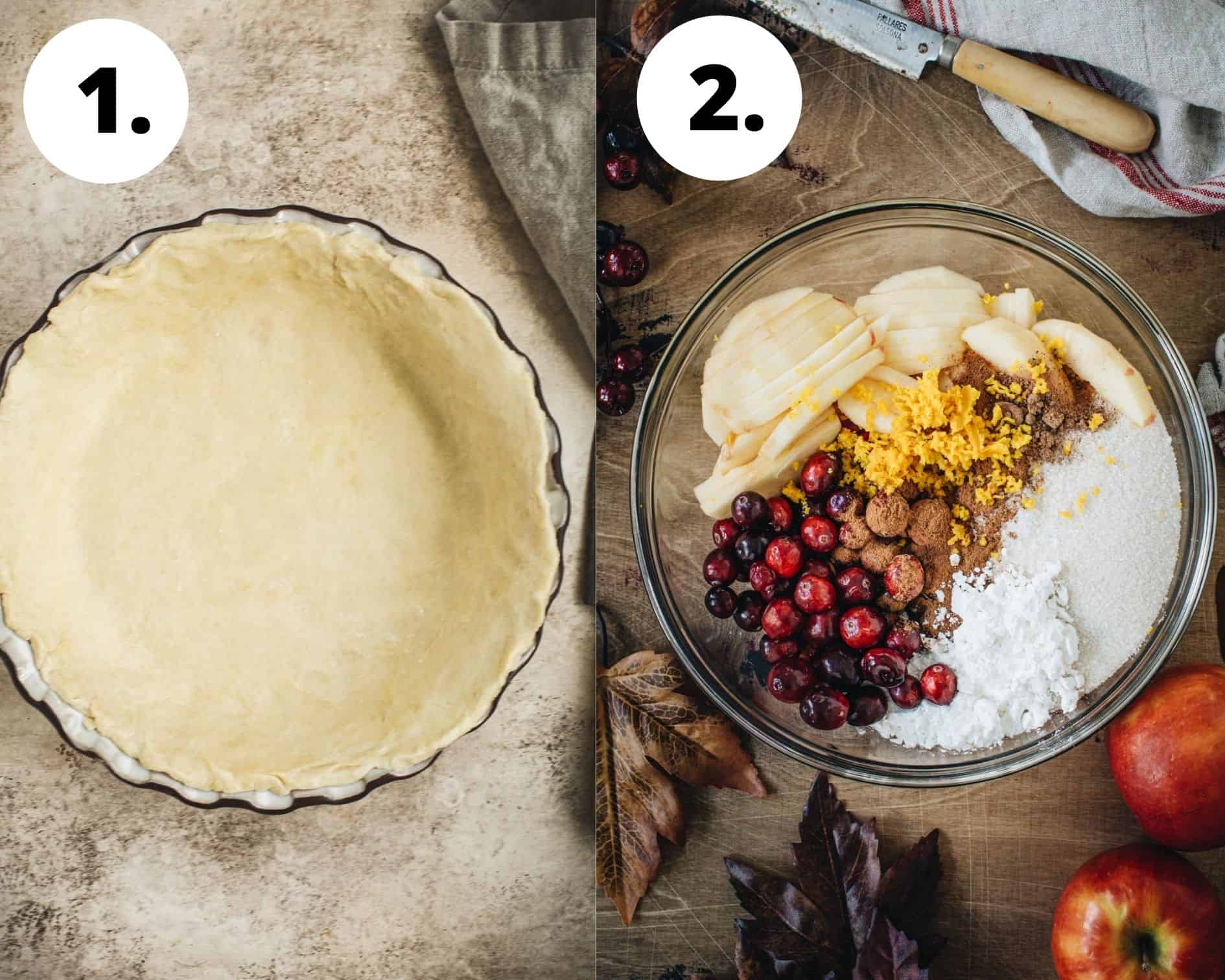 Apple cranberry pie process steps 1 and 2.