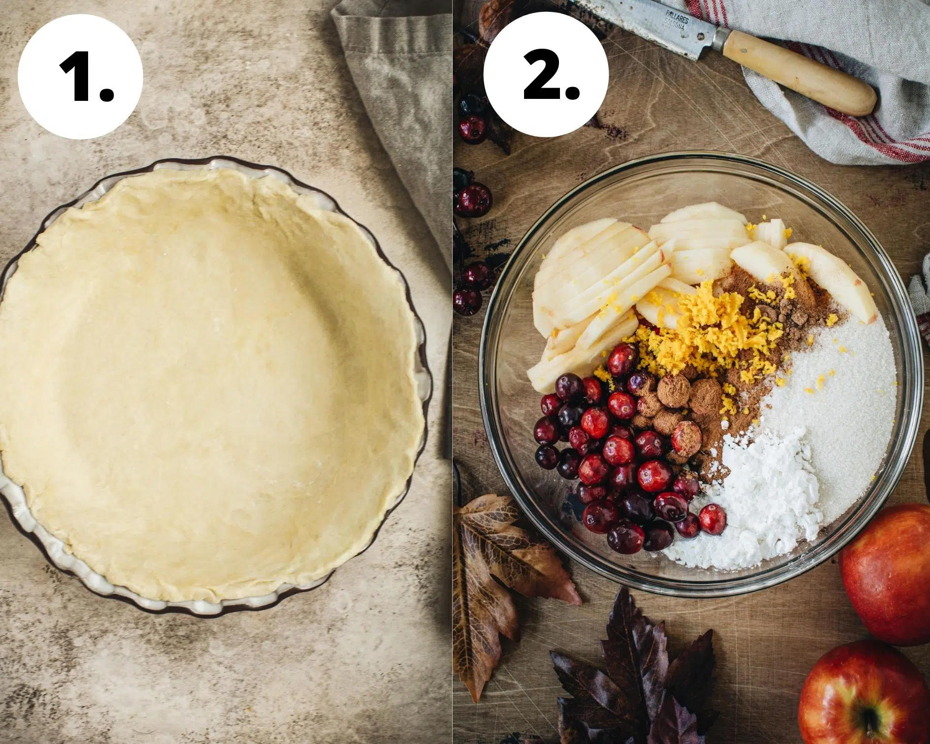 Apple cranberry pie process steps 1 and 2.