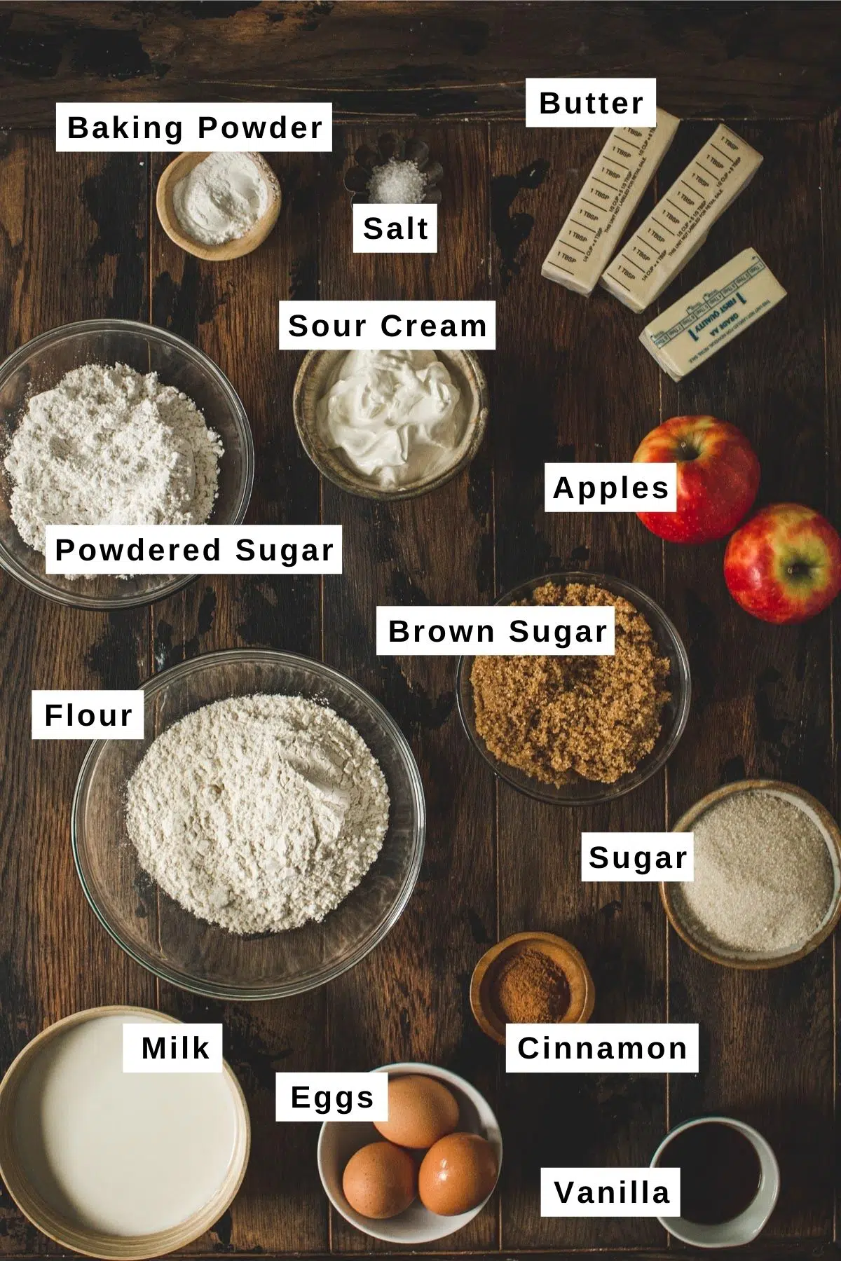 Apple crumb cake ingredients in various bowls.