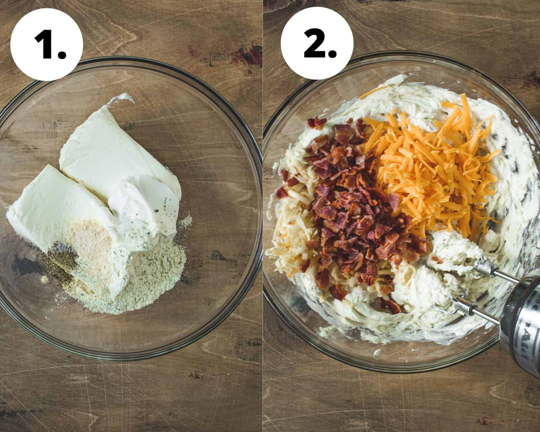 Bacon ranch cheese ball process steps 1 and 2.