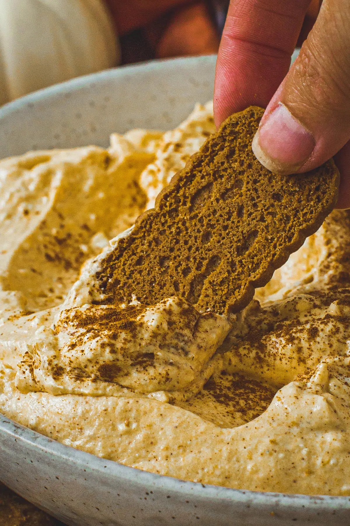 Pumpkin pie cheese cake dip with a cookie being dipped into it.