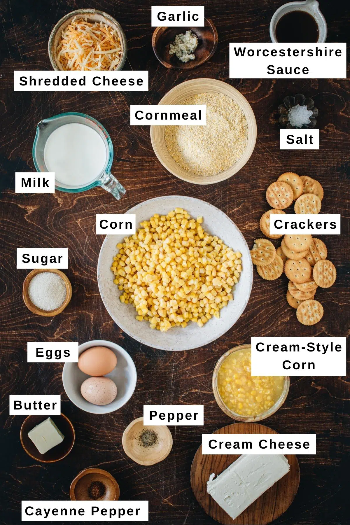 Corn spoon bread ingredients in various bowls.