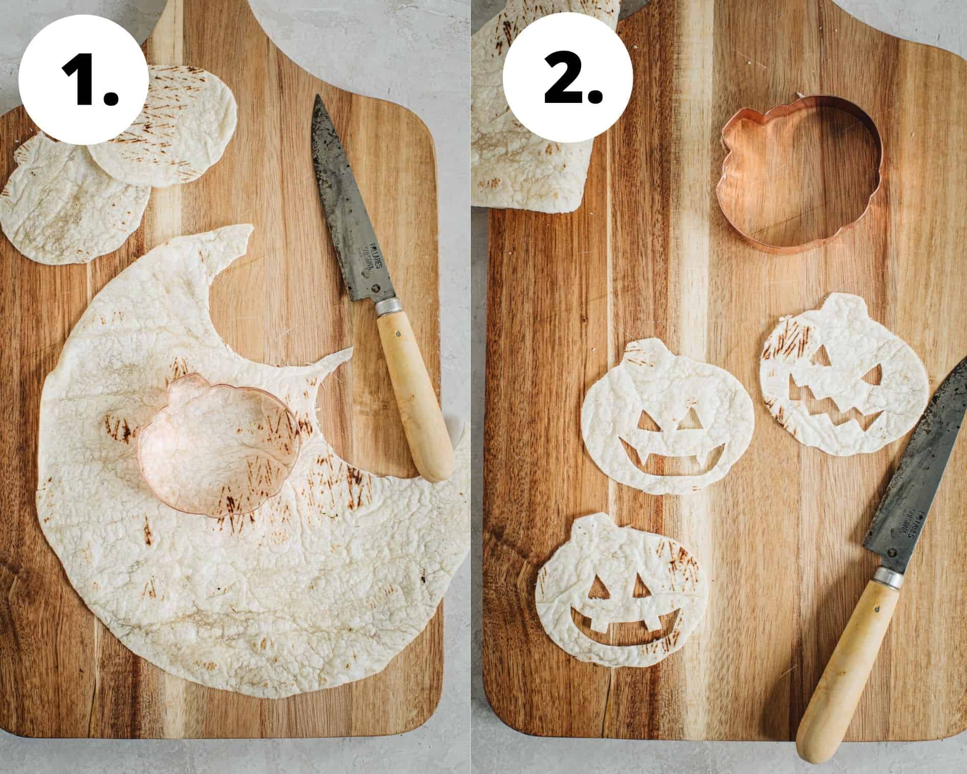 Jack-O-Lantern oven quesadillas process steps 1 and 2.