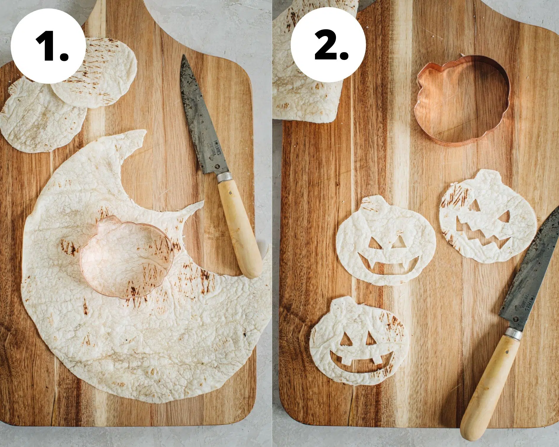 Jack-O-Lantern oven quesadillas process steps 1 and 2.