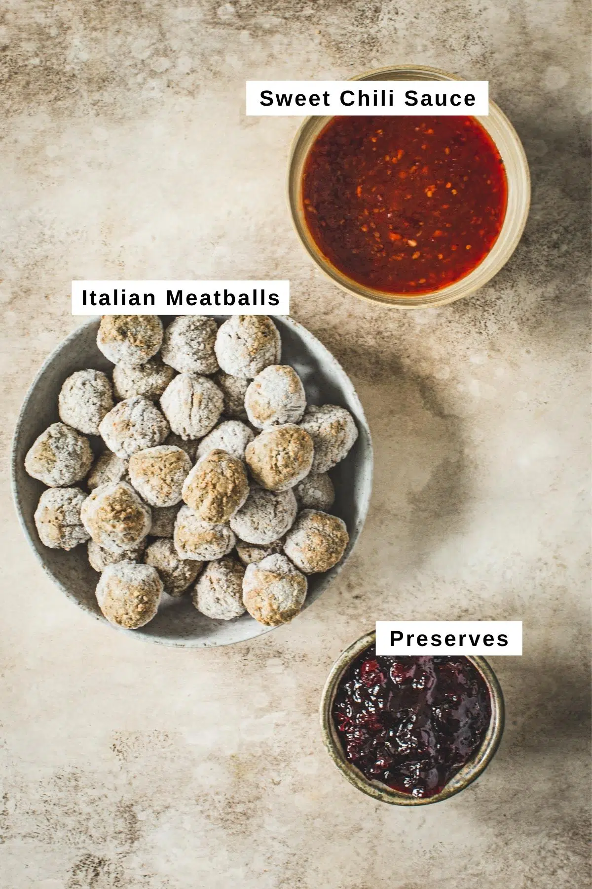 Ingredients for making meatballs with grape jelly and chili sauce.