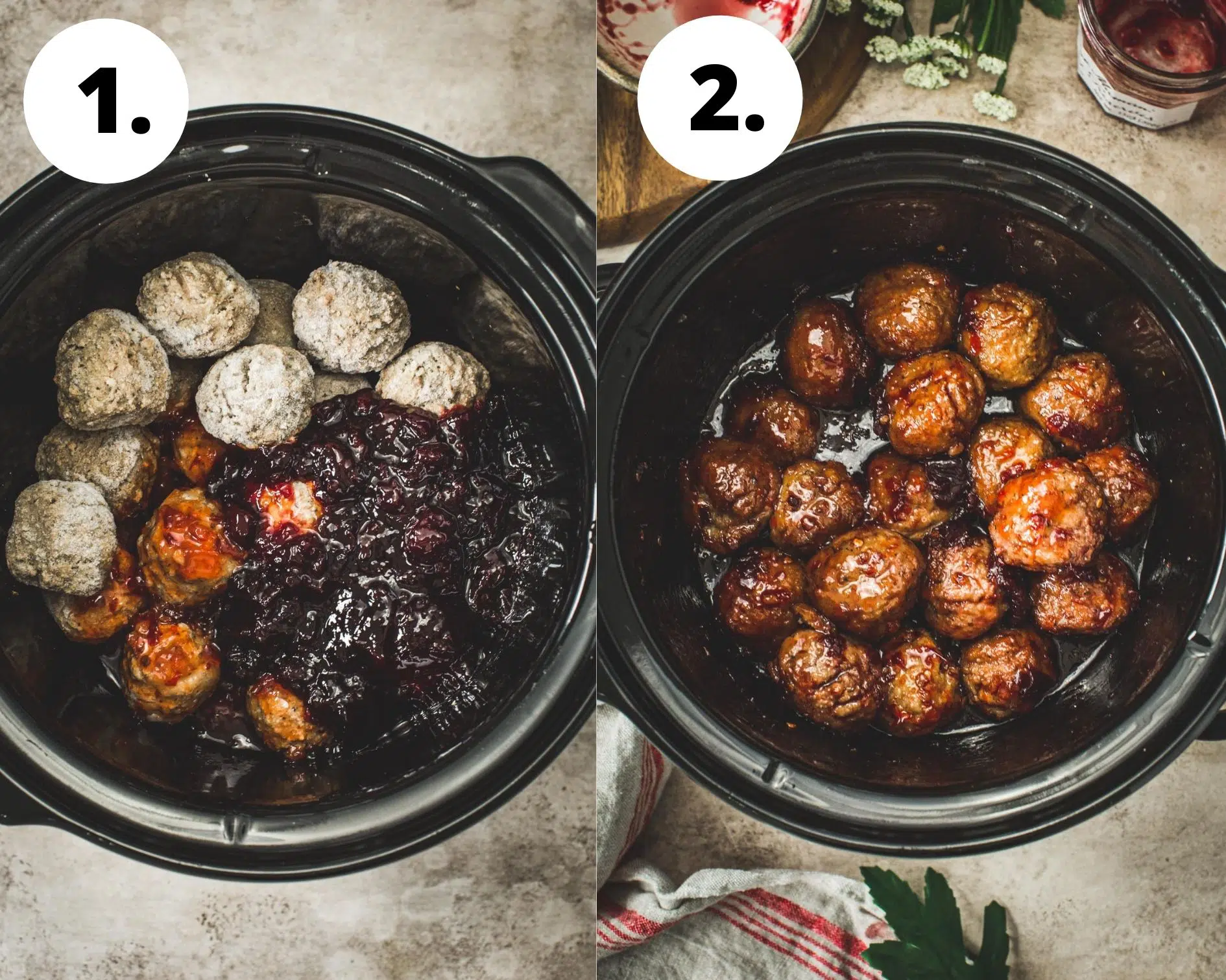 Party meatballs process steps 1 and 2.