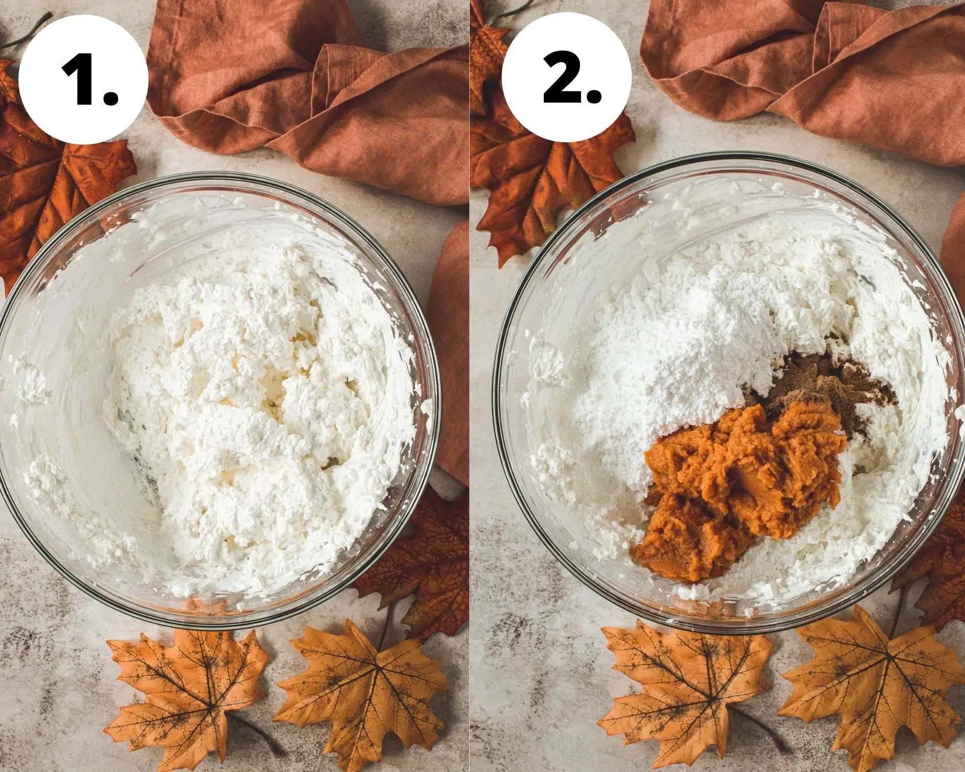 Pumpkin cheesecake dip process steps 1 and 2.