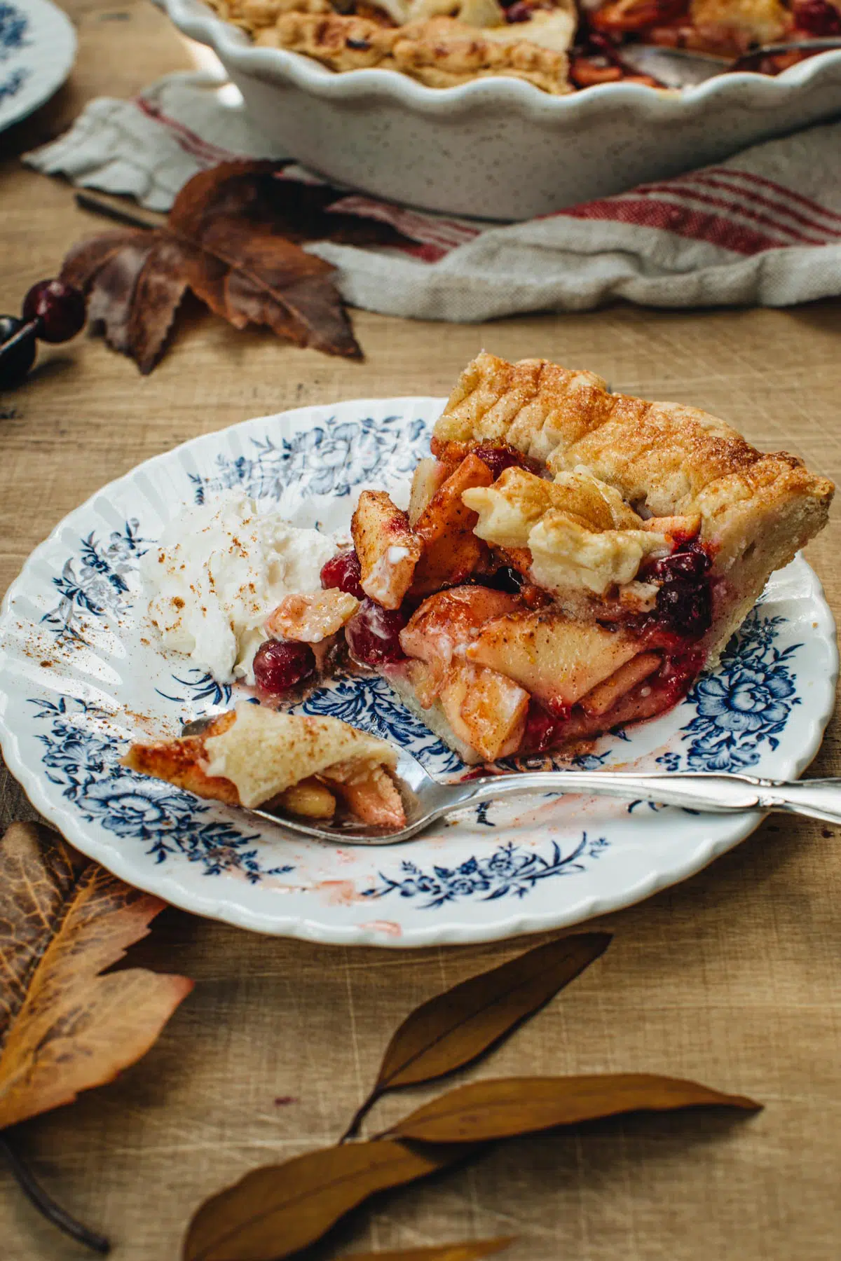 Slice of apple cranberry pie on a white and blue plate.