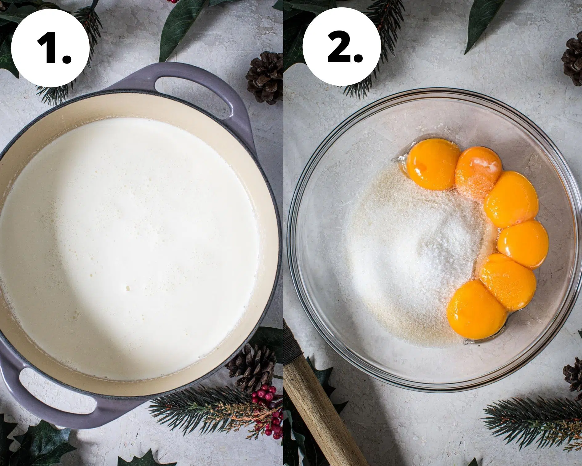 Homemade eggnog process steps 1 and 2.