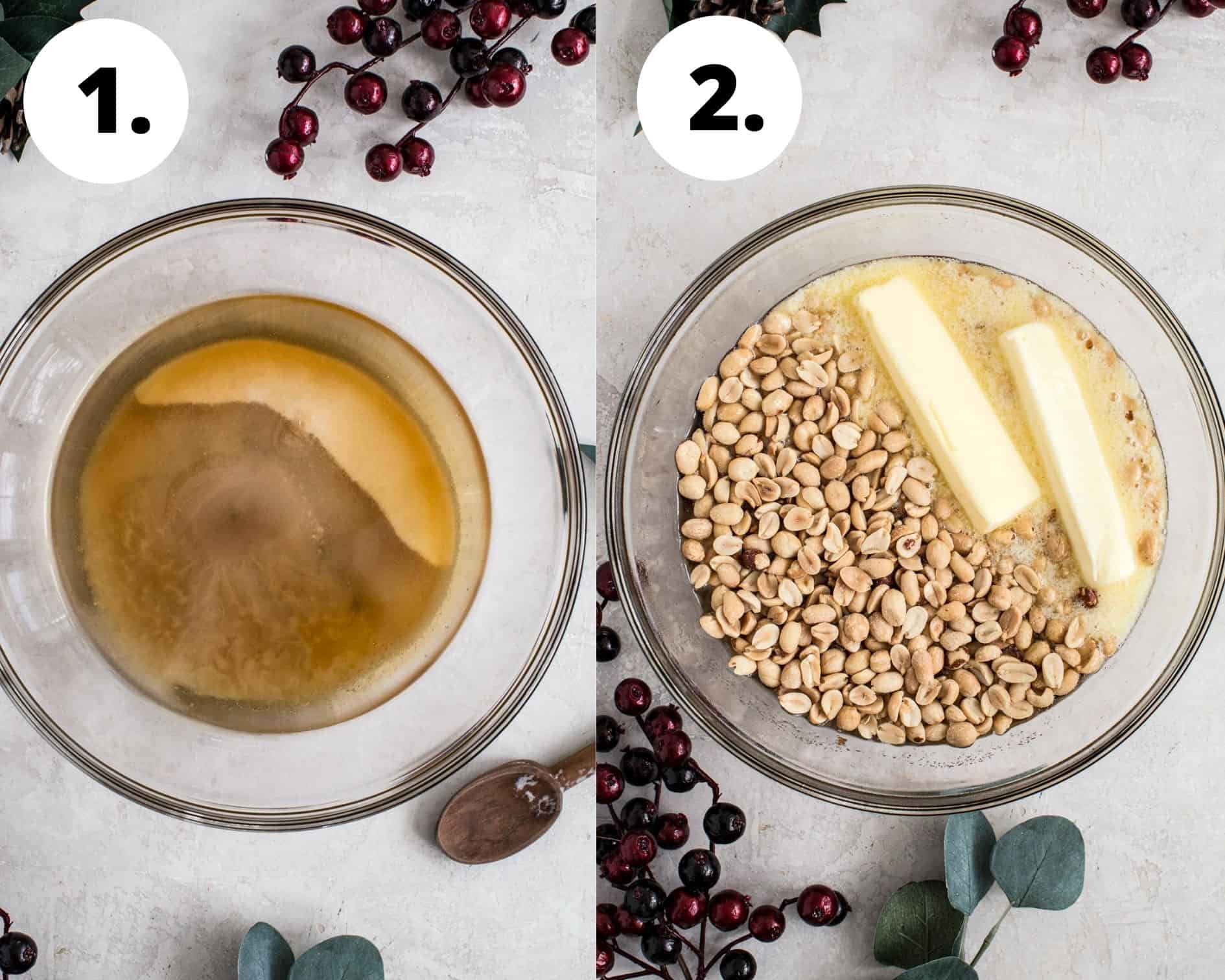 Microwave peanut brittle process steps 1 and 2.