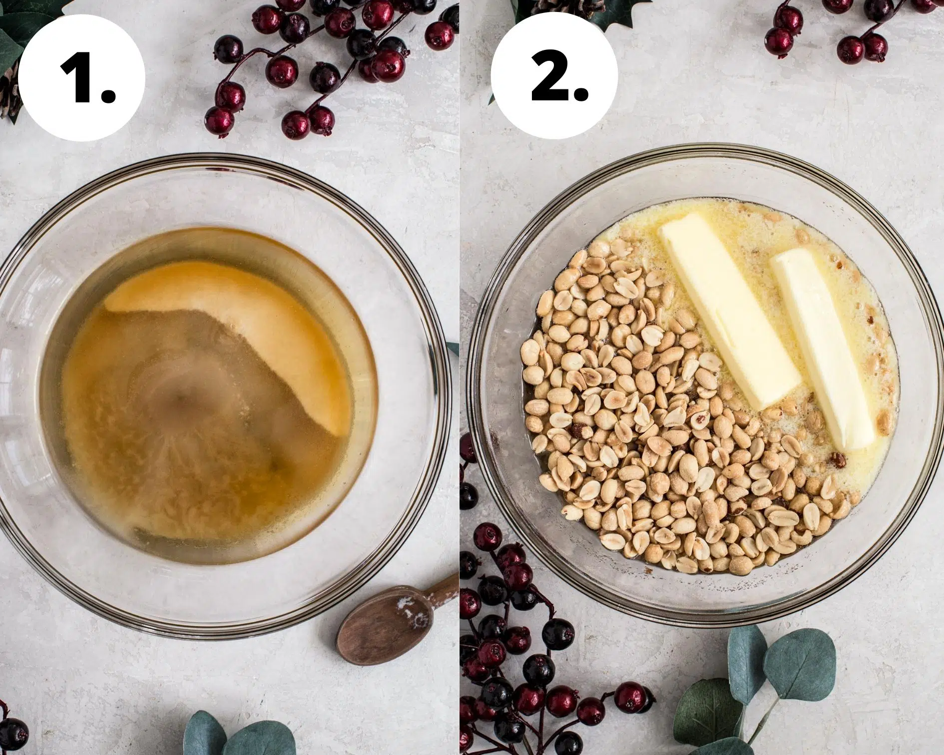 Microwave peanut brittle process steps 1 and 2.