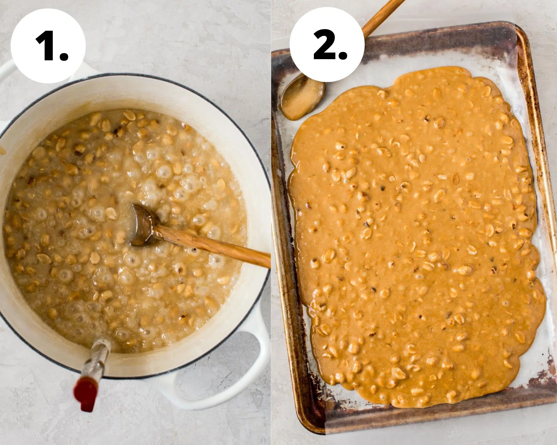 Stovetop peanut brittle process steps 1 and 2.