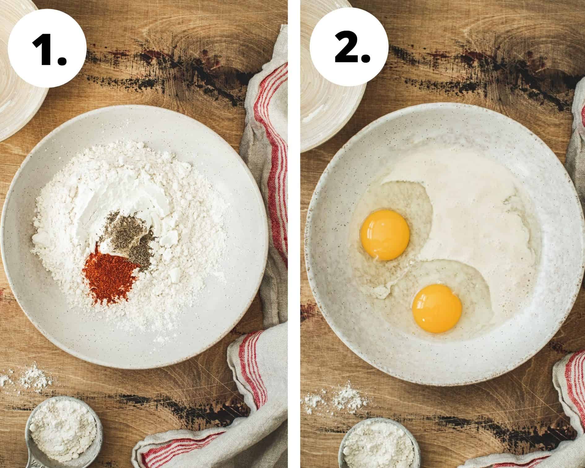 Crispy breaded shrimp process steps 1 and 2.