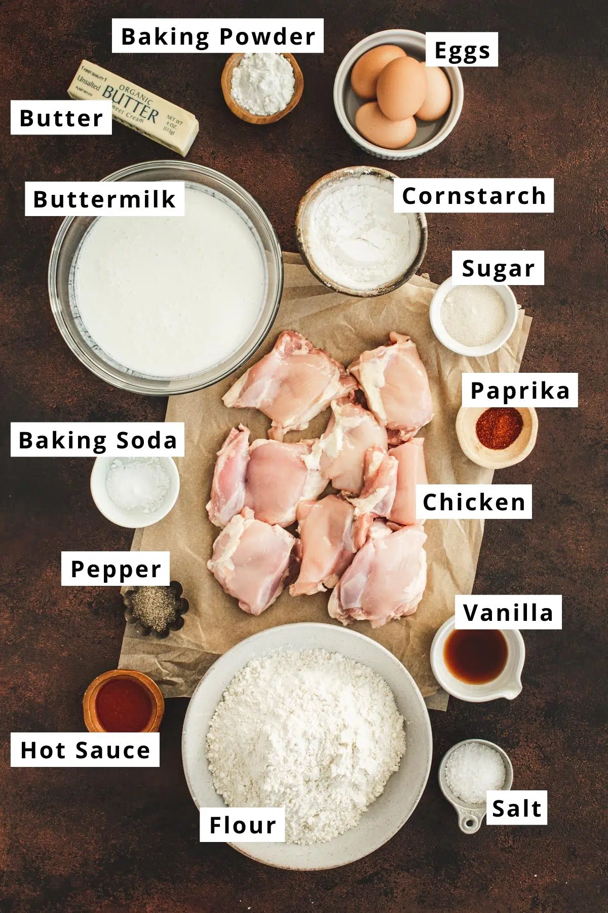 Fried chicken and waffles ingredients in various bowls.