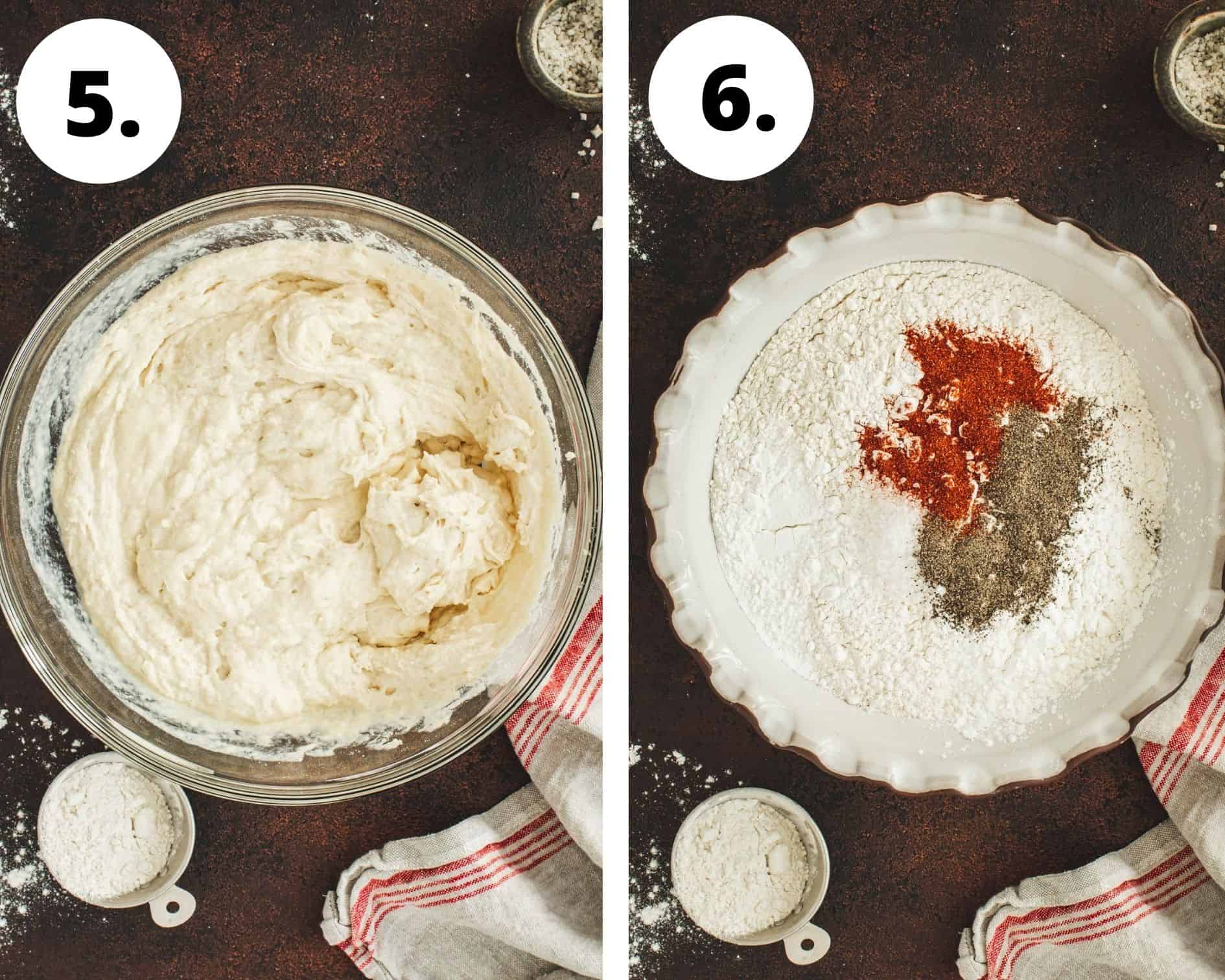 Fried chicken and waffles process steps 5 and 6.