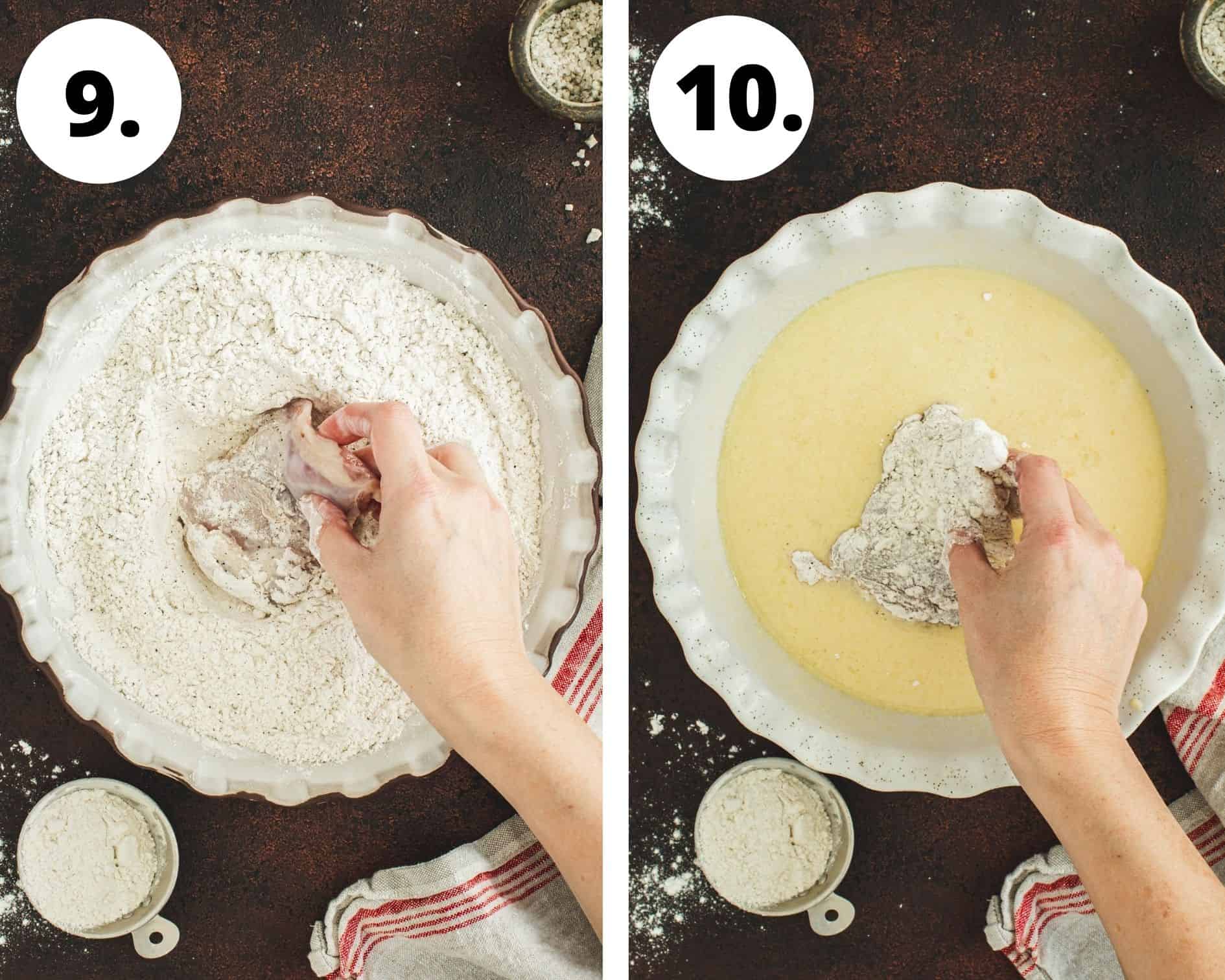 Southern fried chicken and waffles process steps 9 and 10.