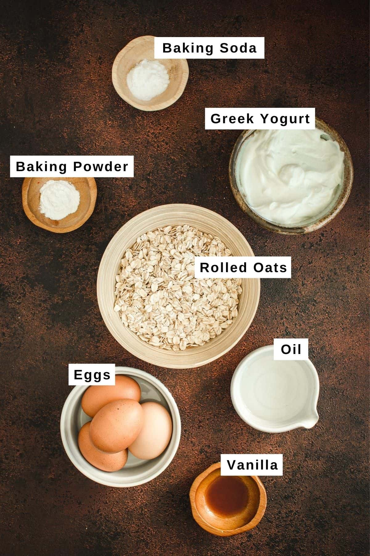 Protein waffles ingredients in various bowls.