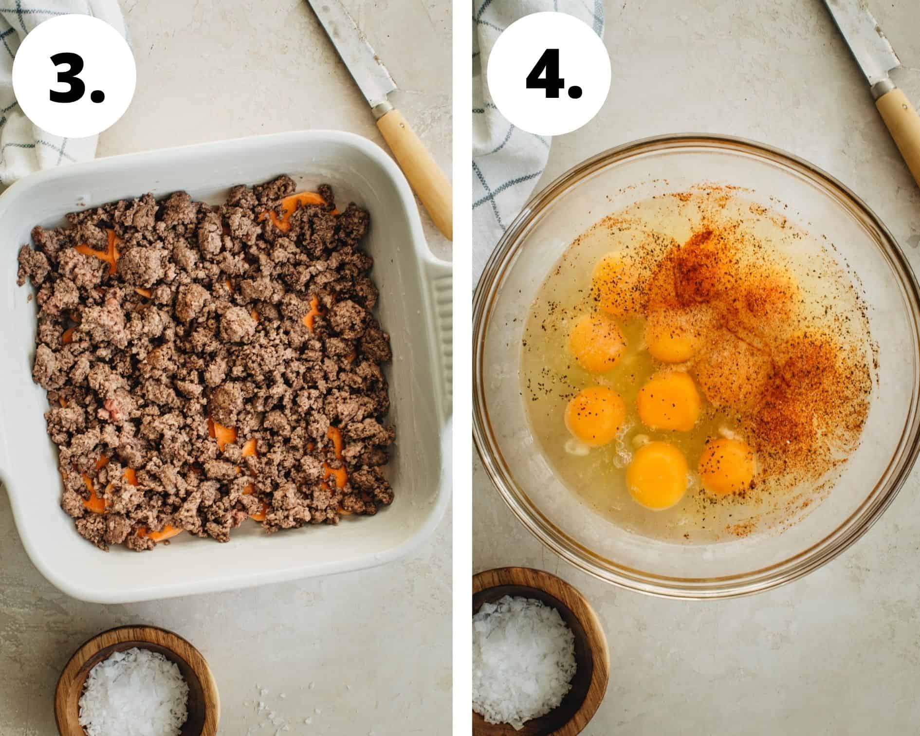 Egg breakfast casserole process steps 3 and 4.