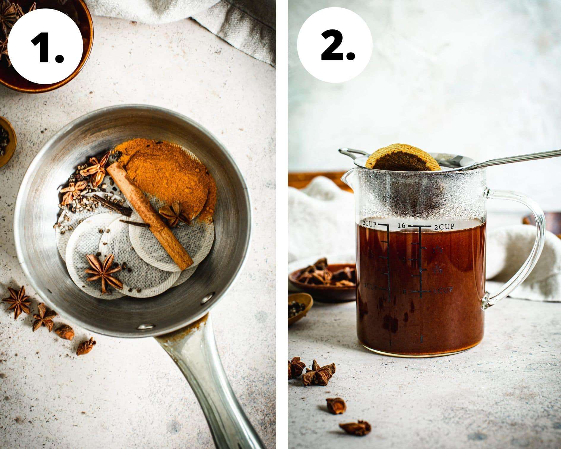 Thai iced tea process steps 1 and 2.