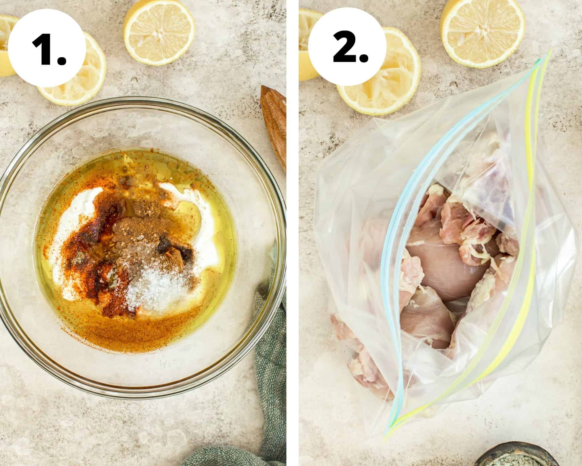 Yogurt chicken marinade process steps 1 and 2.