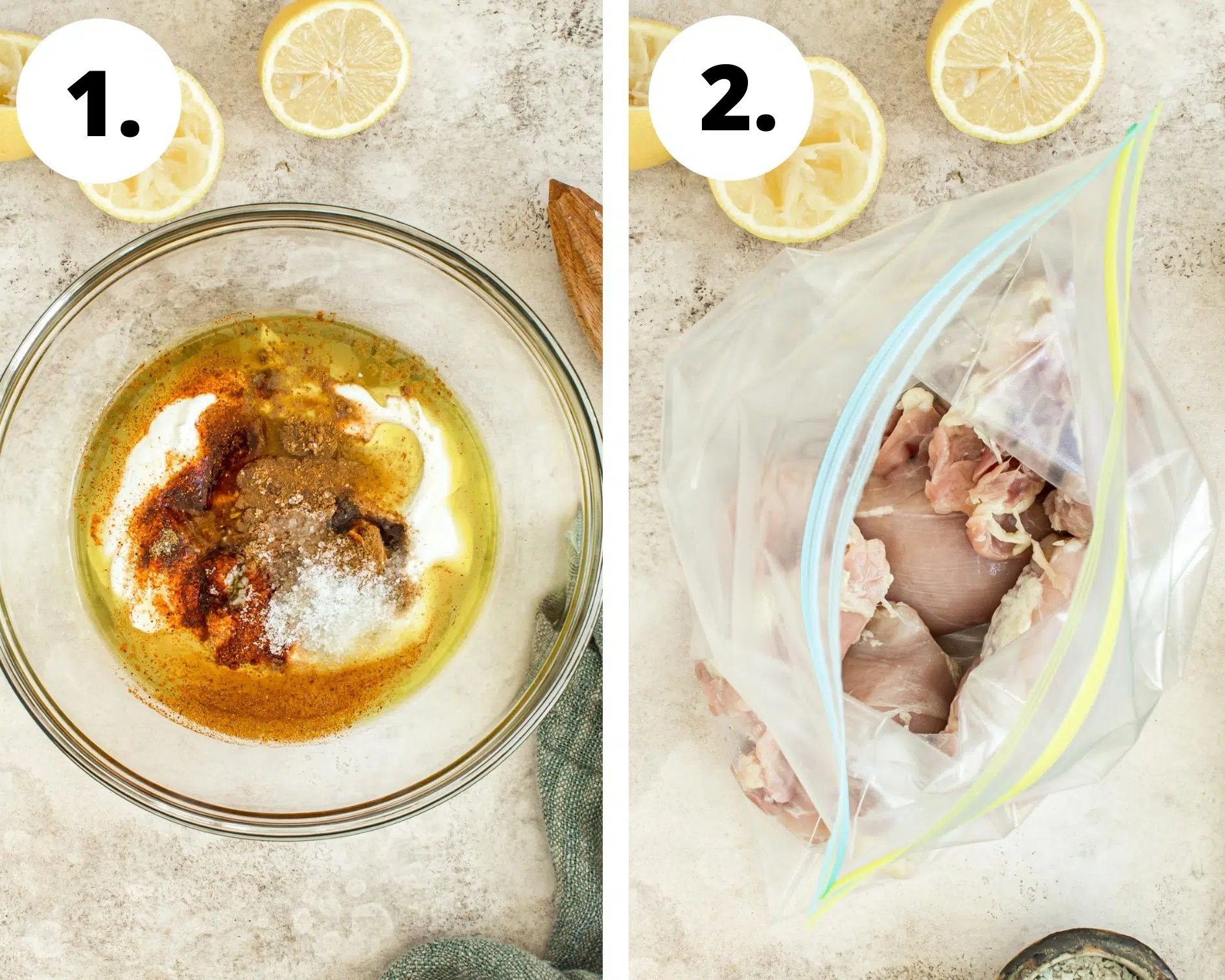 Yogurt chicken marinade process steps 1 and 2.
