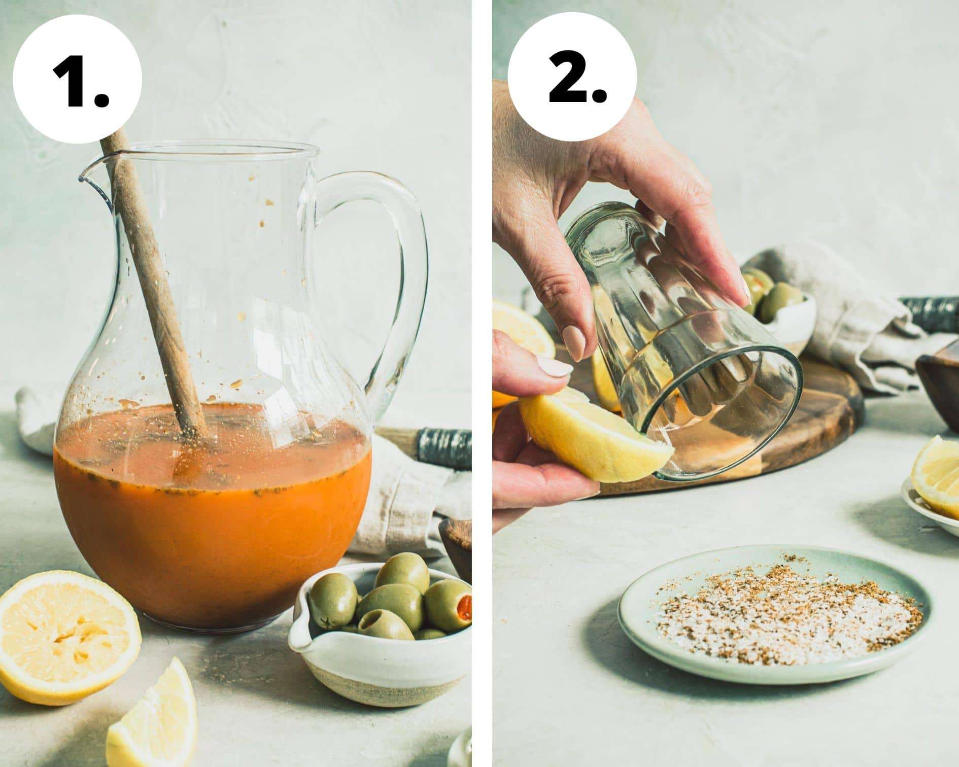 Easter cocktail process steps 1 and 2.