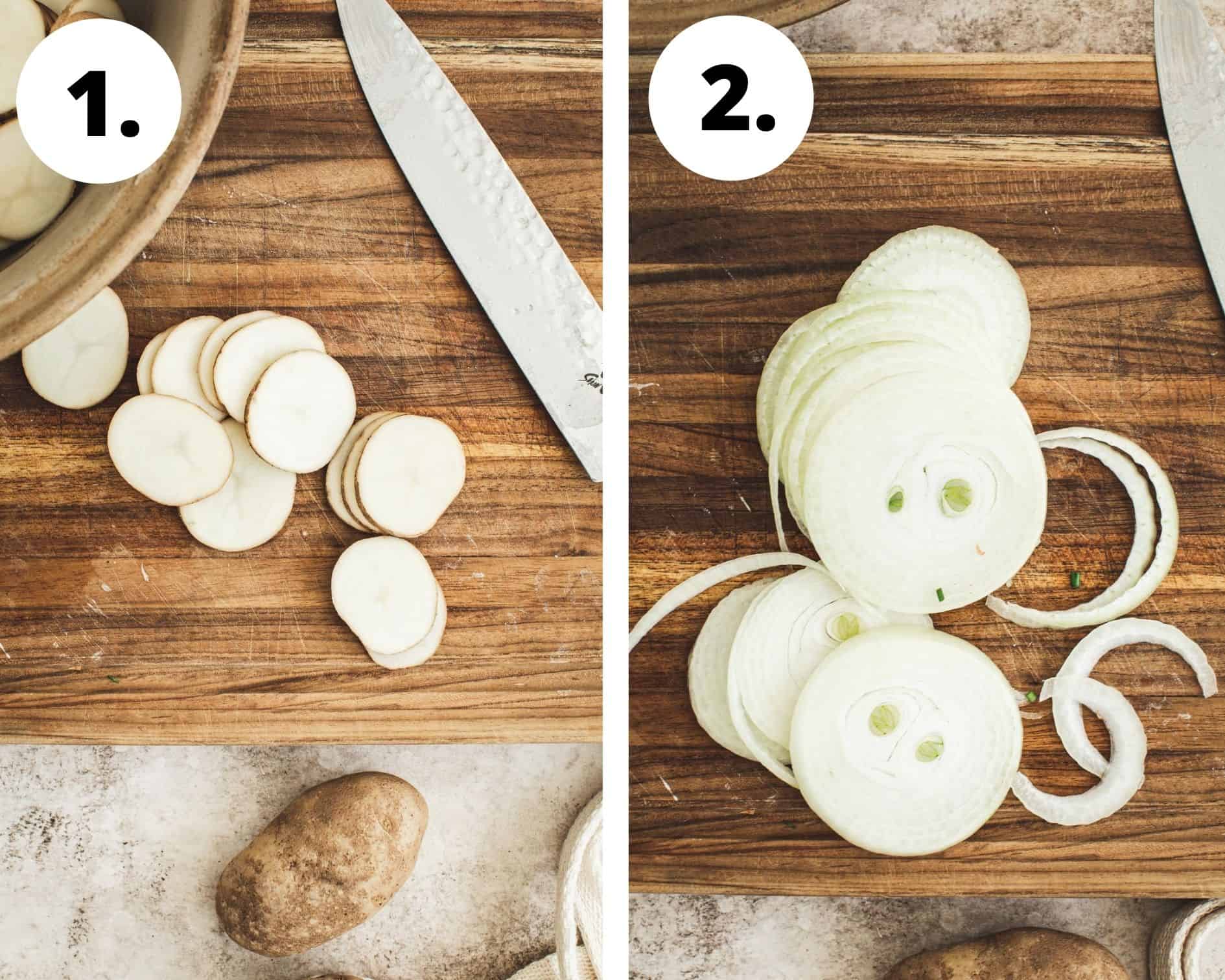 Fried potatoes and onions process steps 1 and 2.