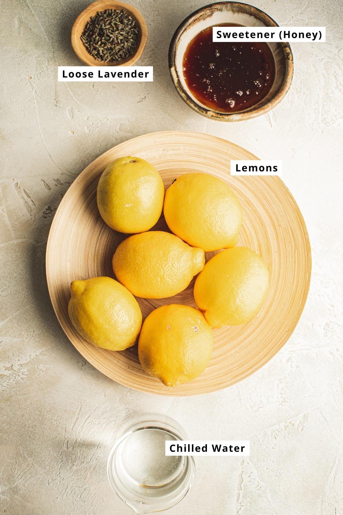 Lavender lemonade ingredients in various bowls.