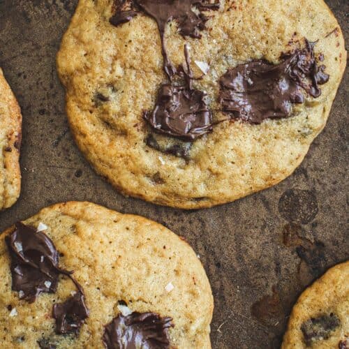 Chocolate chip banana cookies on a baking sheet.