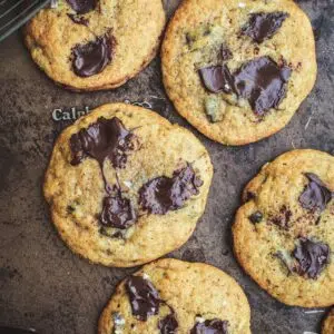 Chocolate chip banana cookies on a baking sheet.