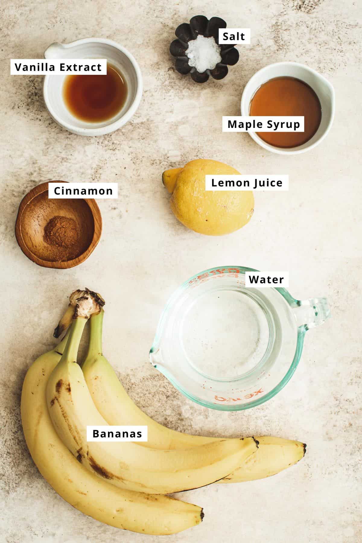 Banana milk ingredients in various bowls.