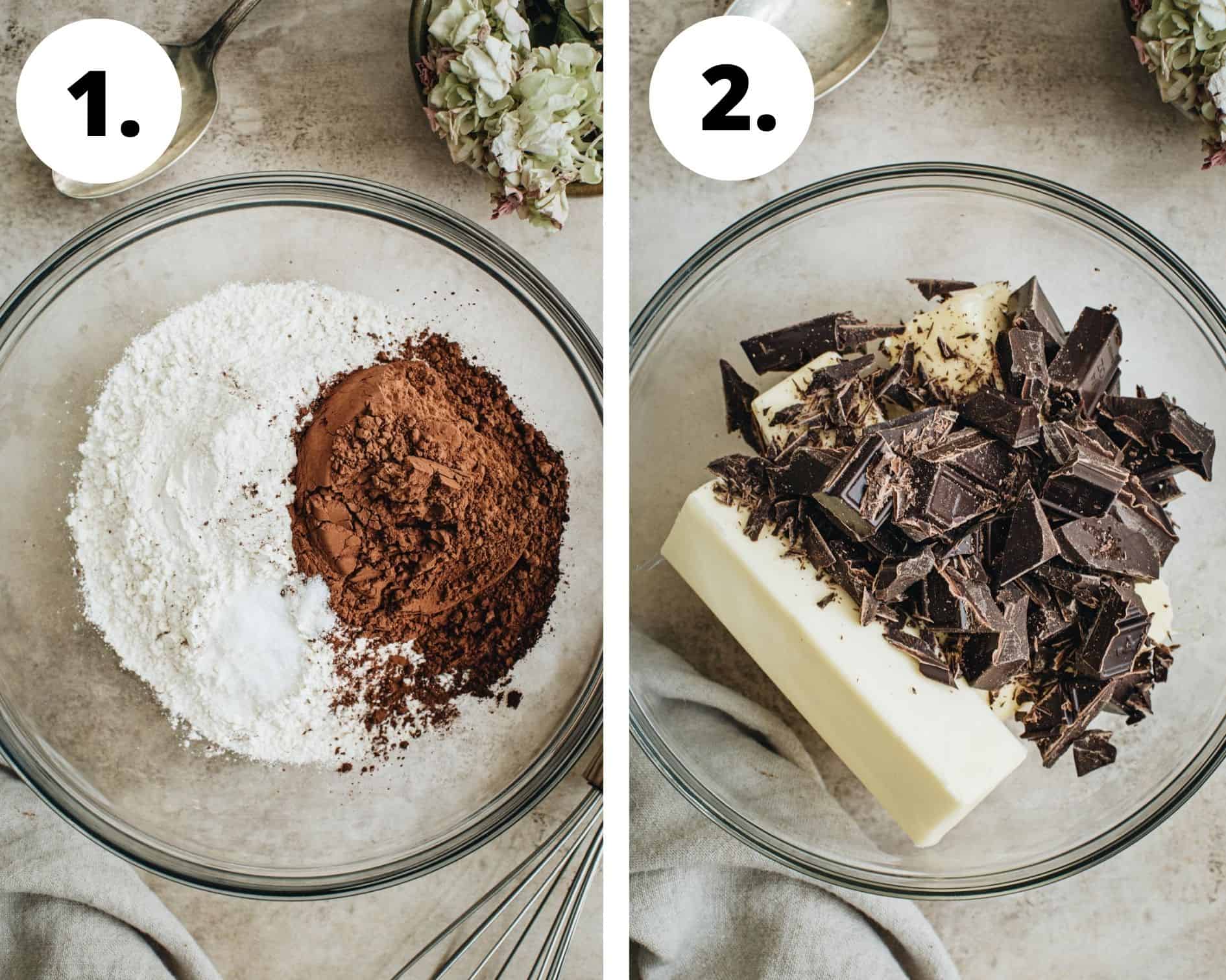 Brownie cake process steps 1 and 2.