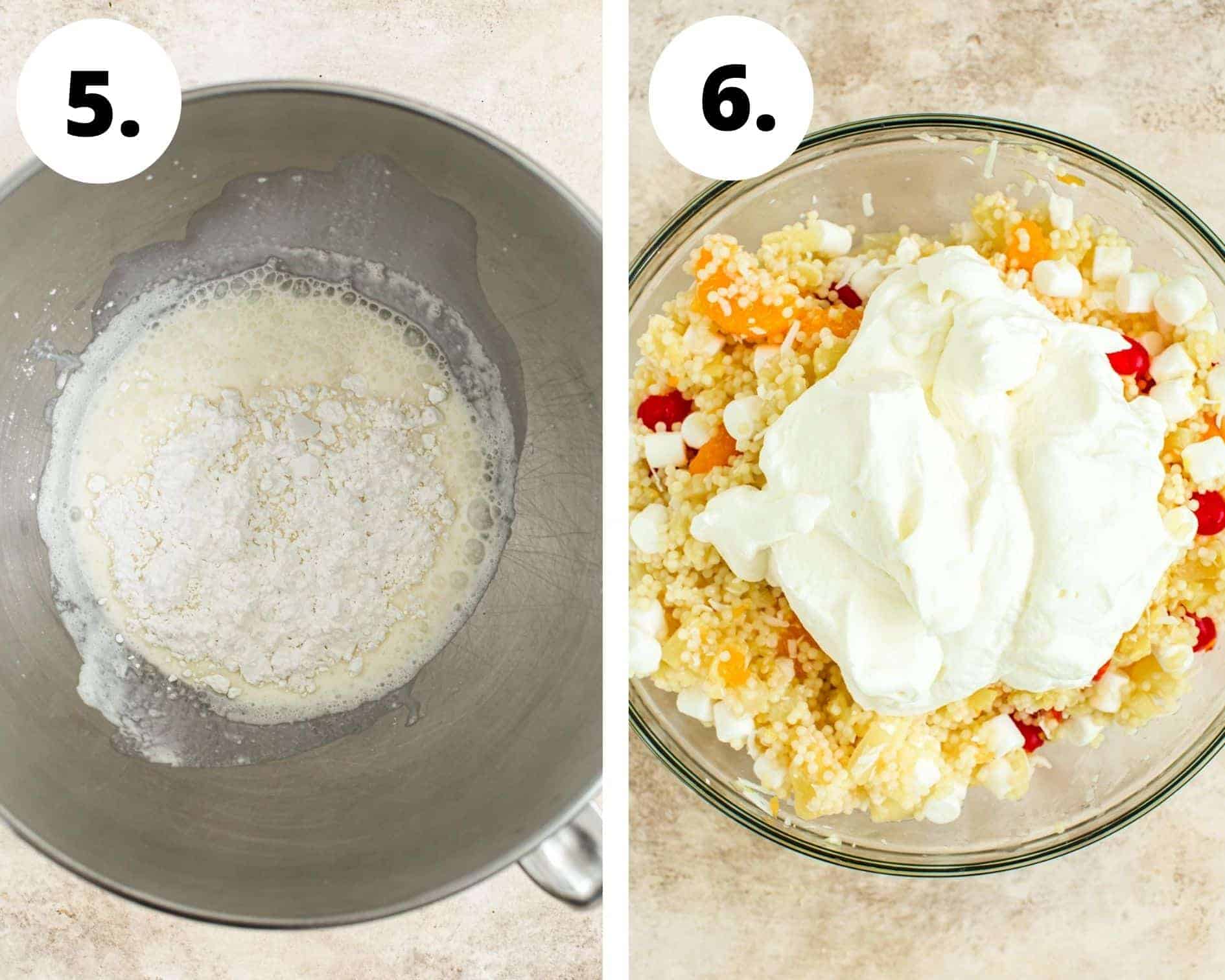 Frog eye salad process steps 5 and 6.