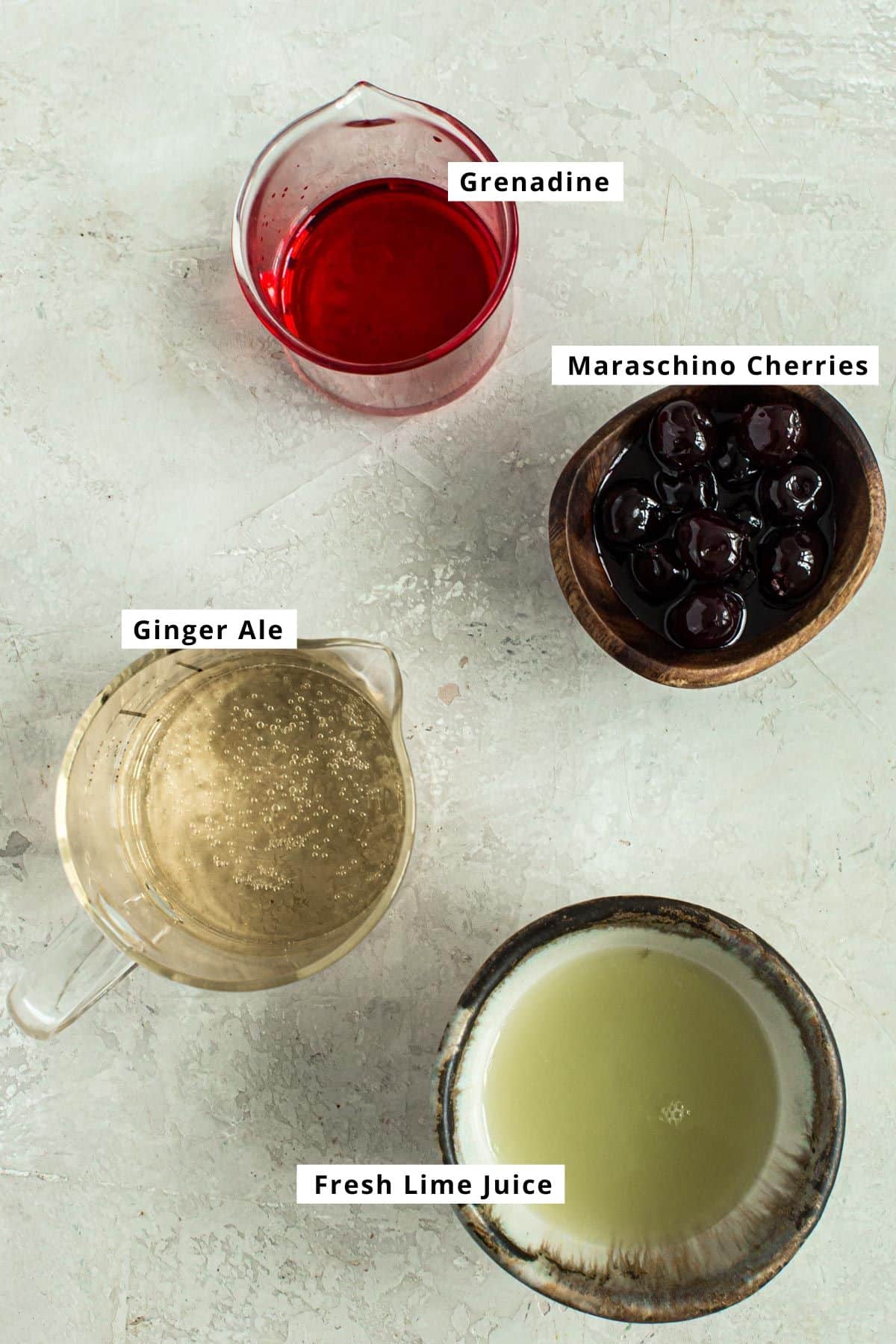 Shirley temple ingredients in various bowls.