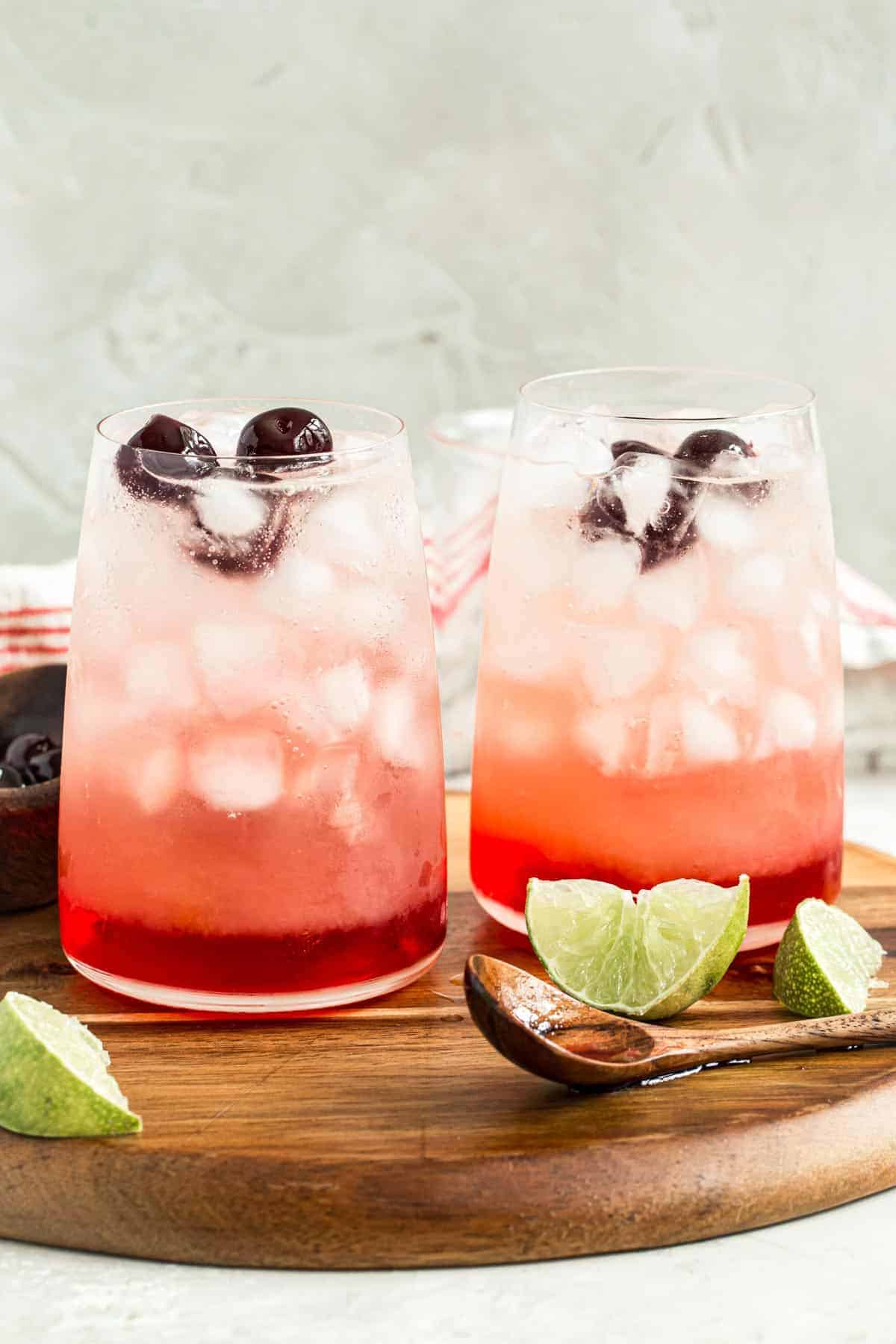 Shirley Temple drinks topped with Maraschino cherries.