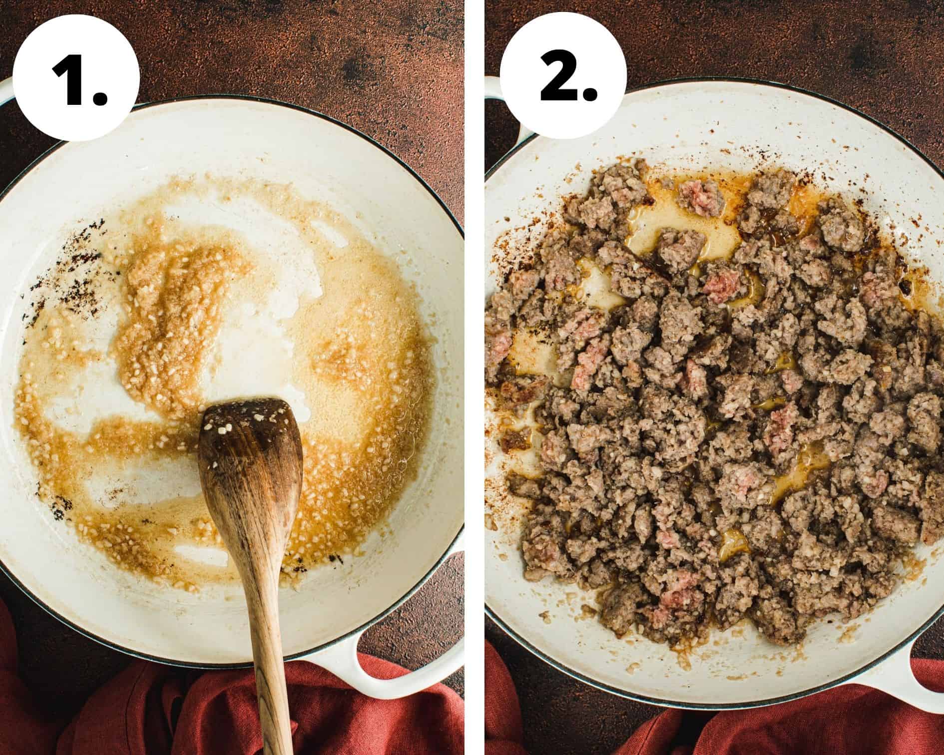 Egg roll in a bowl process steps 1 and 2.