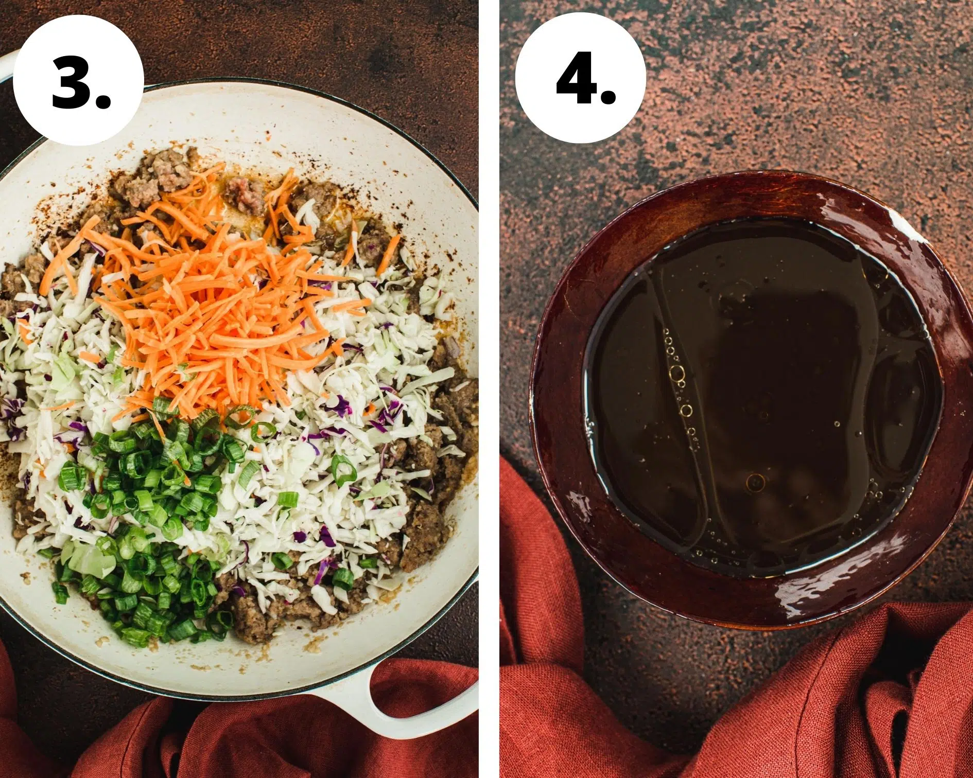 Egg roll in a bowl process steps 3 and 4.