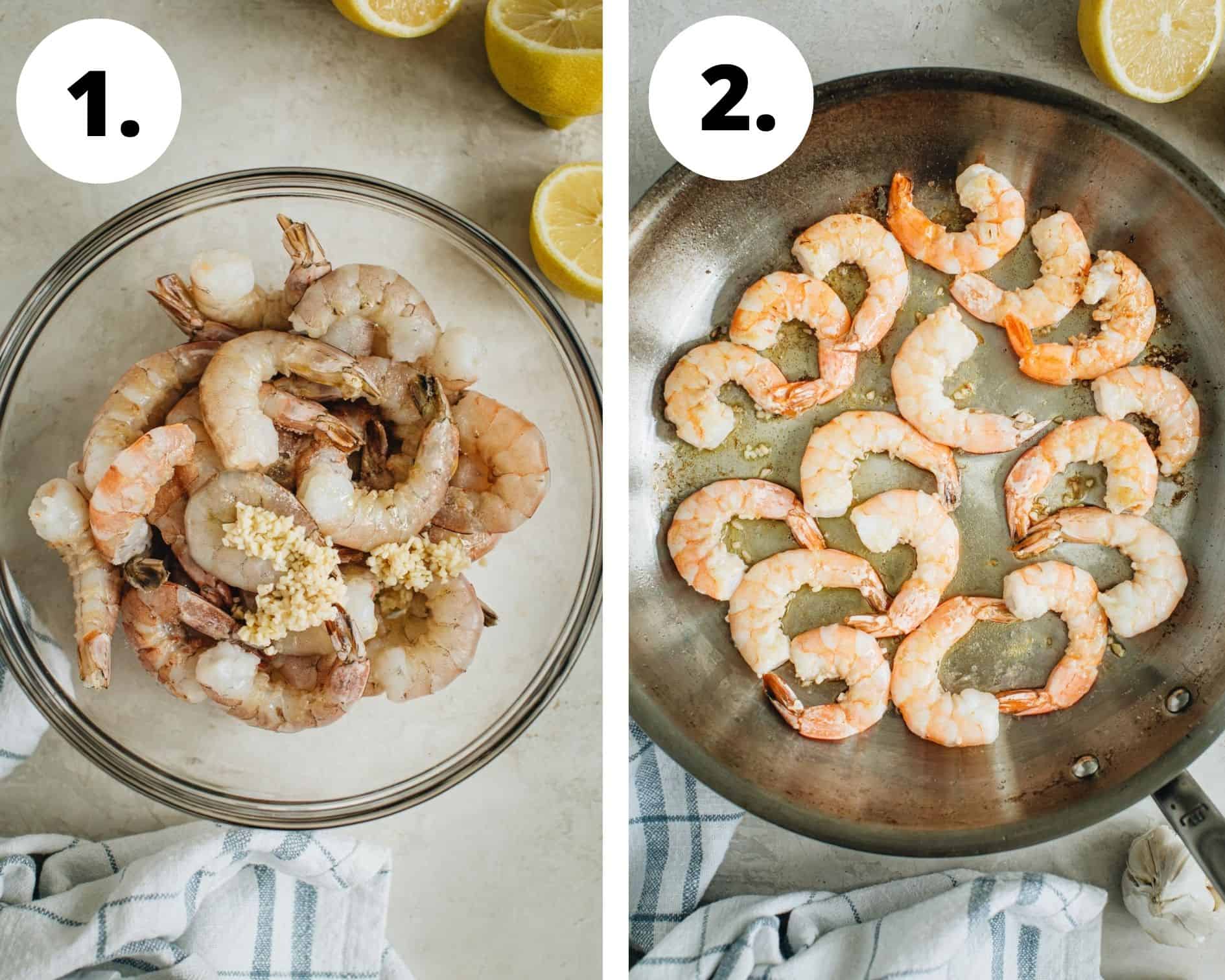 Garlic shrimp scampi process steps 1 and 2.