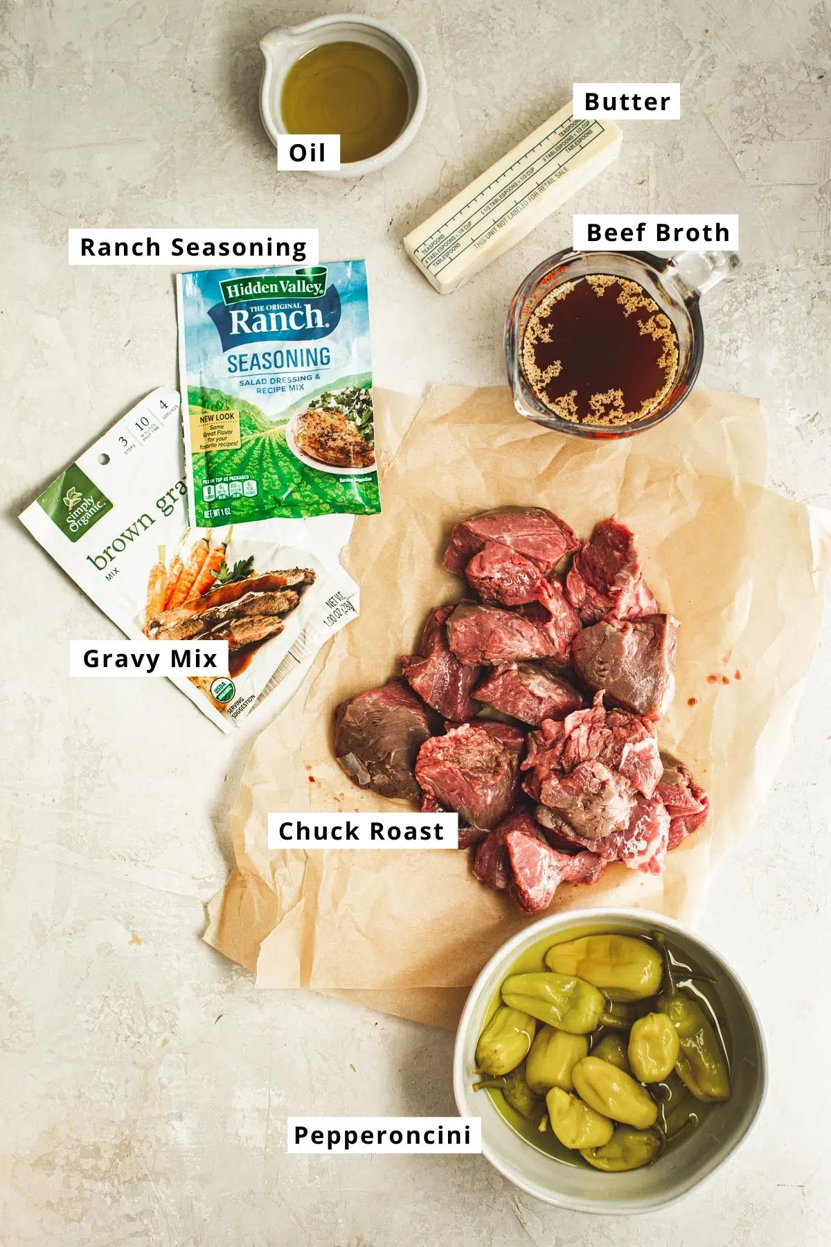 Instant Pot Mississippi pot roast ingredients in various bowls.