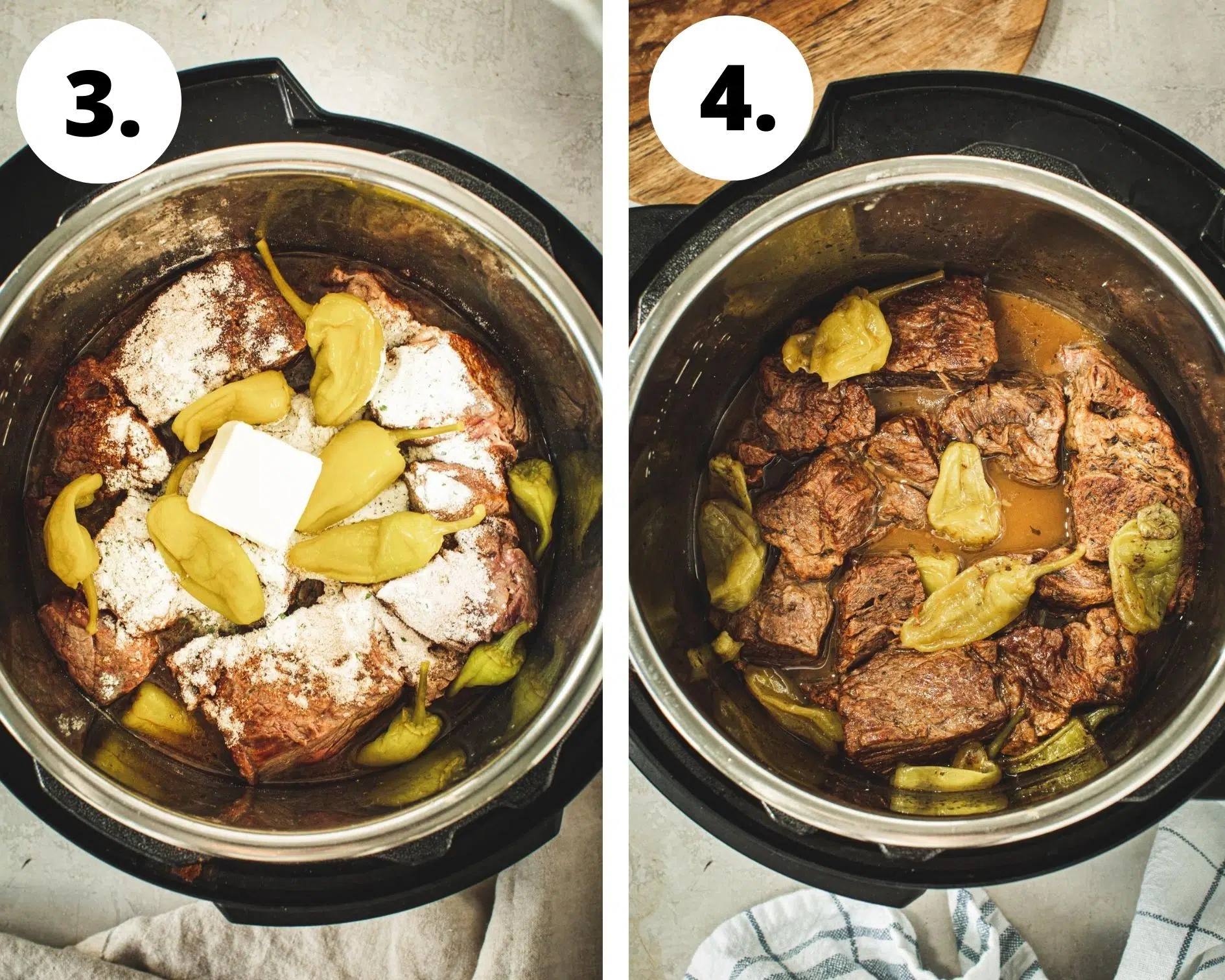 Instant Pot Mississippi pot roast process steps 3 and 4.