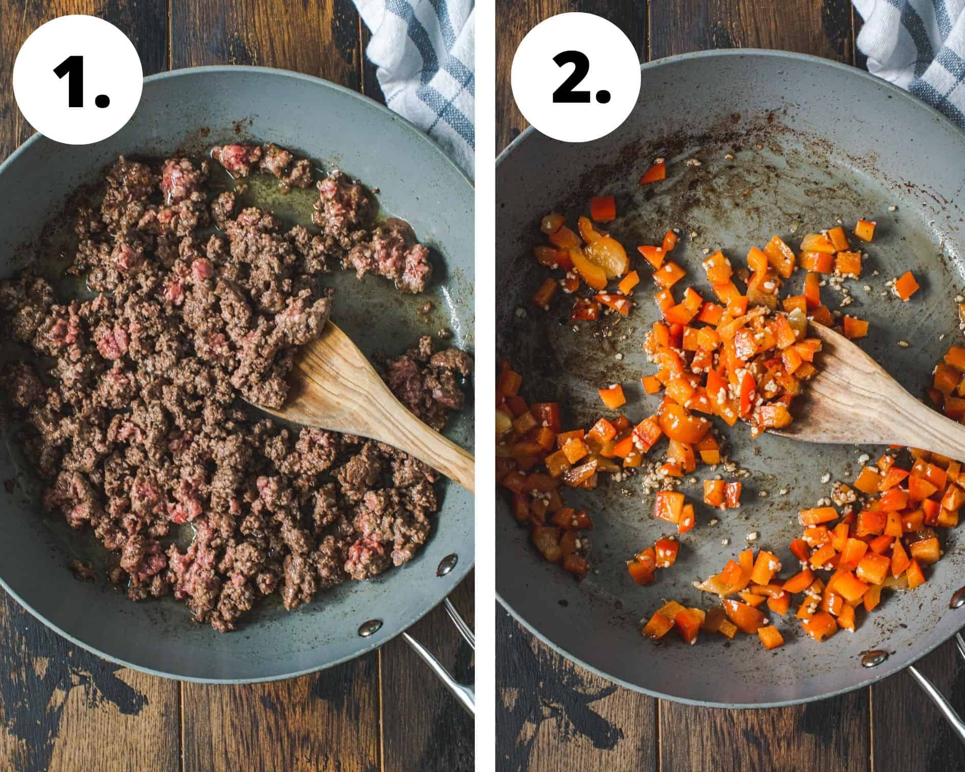 Mexican ground beef casserole process steps 1 and 2.