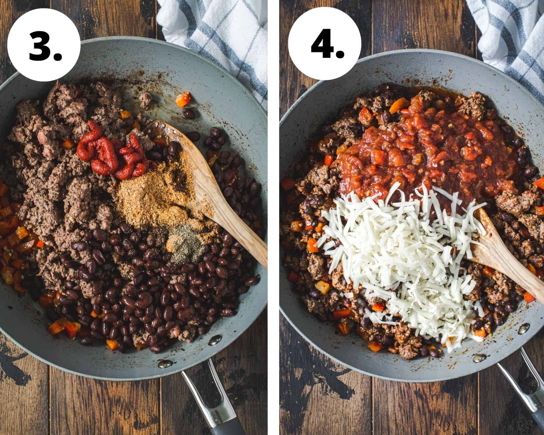 Mexican ground beef casserole process steps 3 and 4.