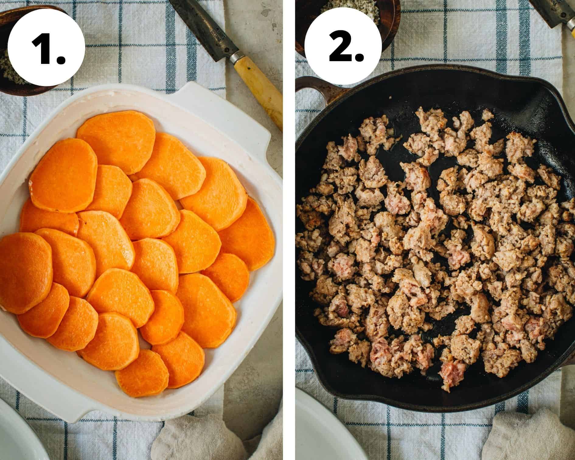 Sausage and egg casserole process steps 1 and 2.