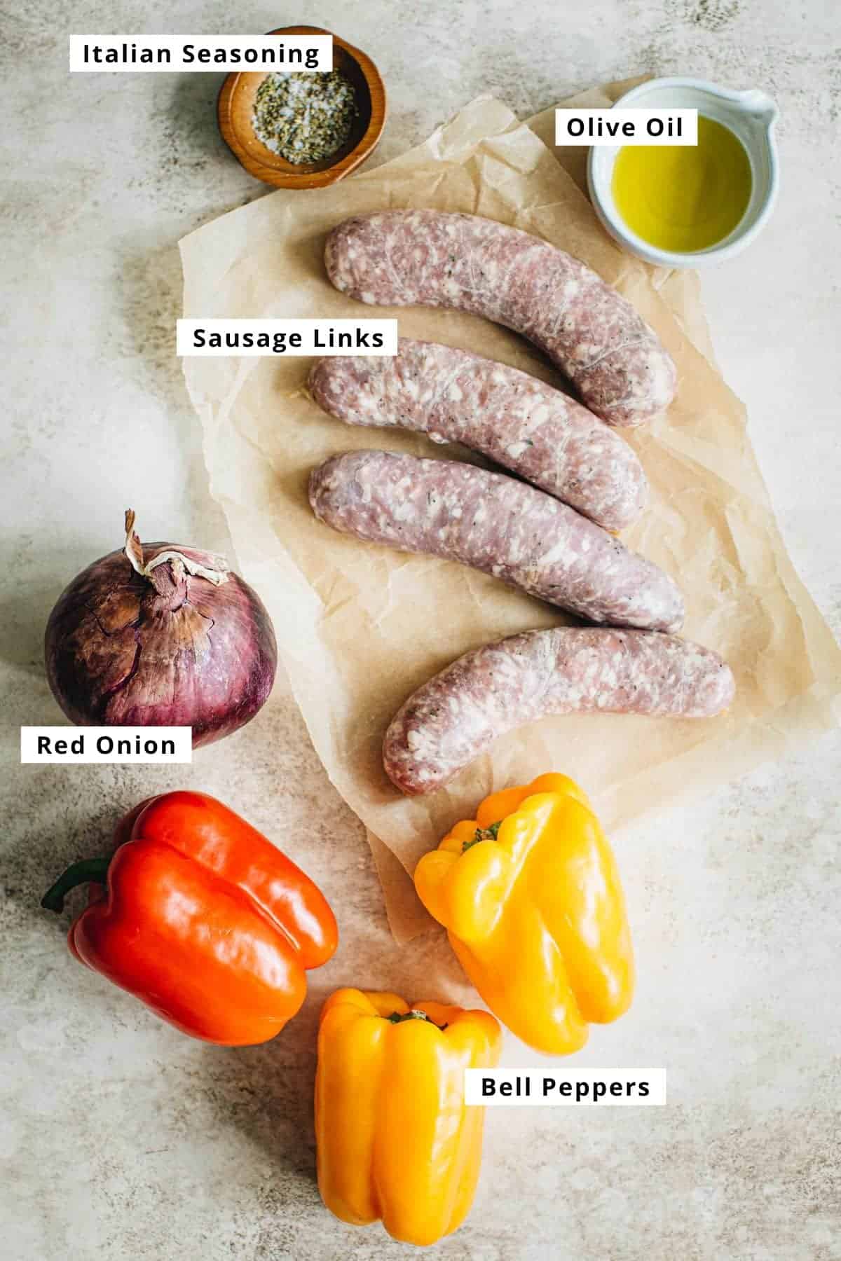 Sausage and peppers ingredients.