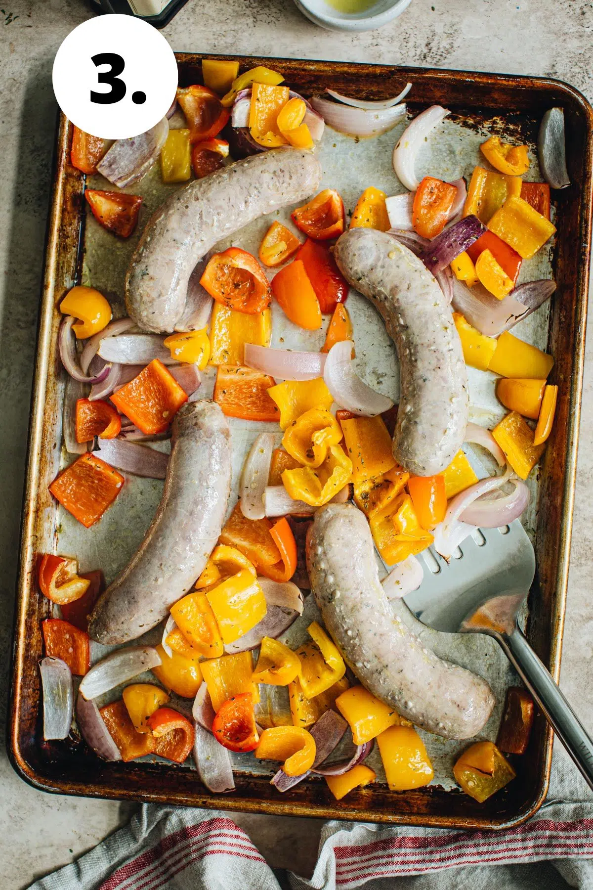 Sausage and peppers in the oven process step 3.